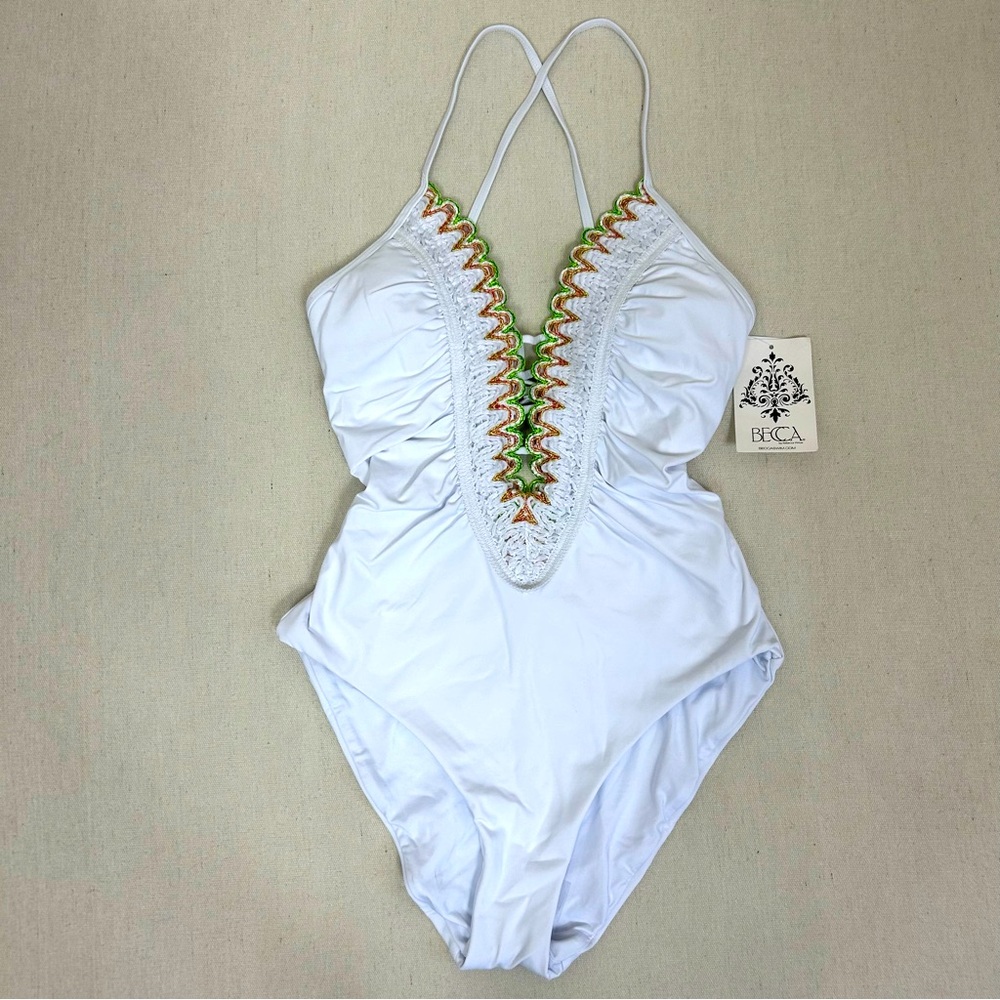 BECCA Embroidered Plunge Neck One-Piece White Swimsuit. Size Medium  NWT